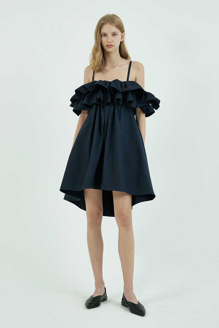 Goen.j Cold-shoulder Ruffle-bodice Pleated A-line Mini Dress NAVY
