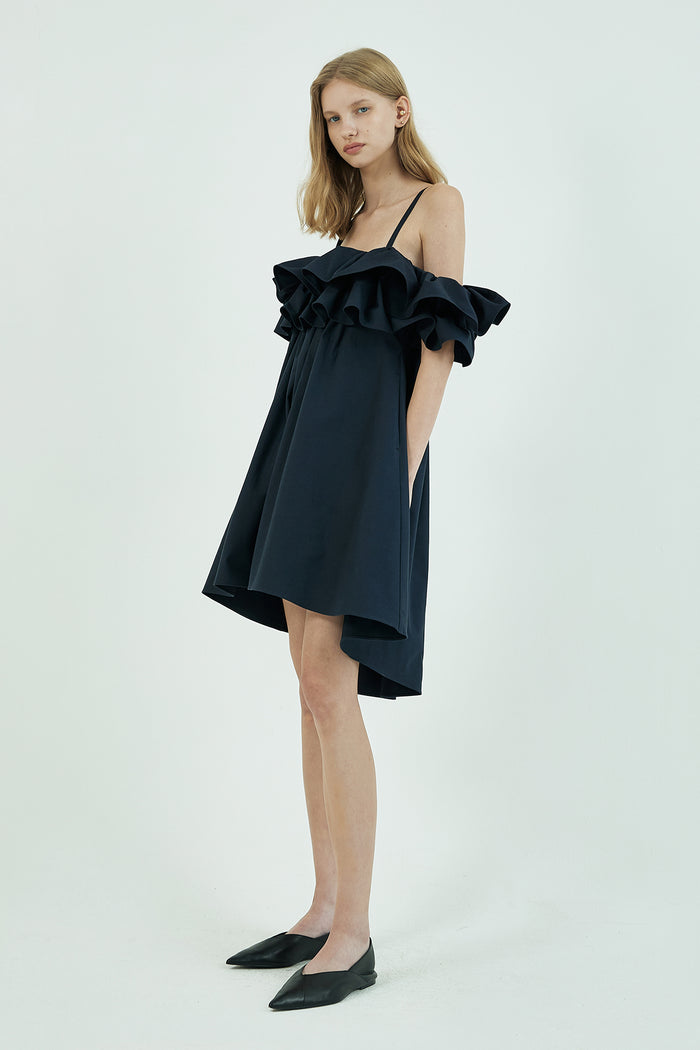 Goen.j Cold-shoulder Ruffle-bodice Pleated A-line Mini Dress NAVY