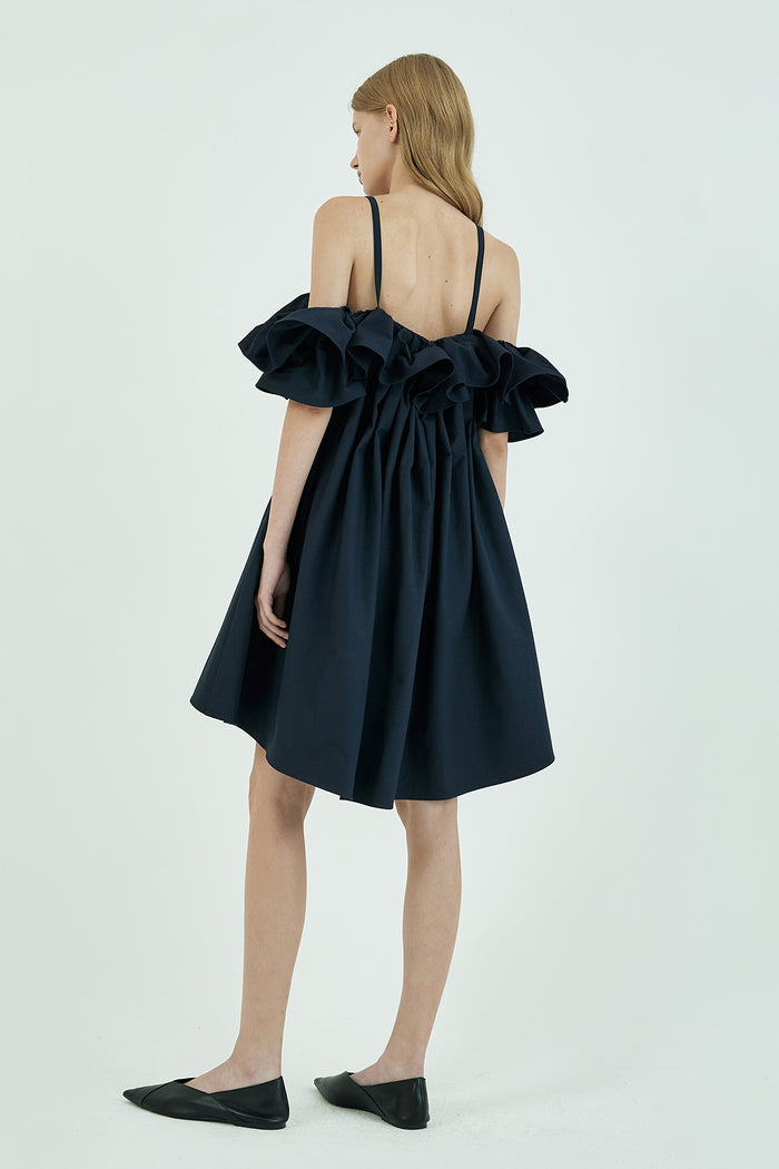 Goen.j Cold-shoulder Ruffle-bodice Pleated A-line Mini Dress NAVY