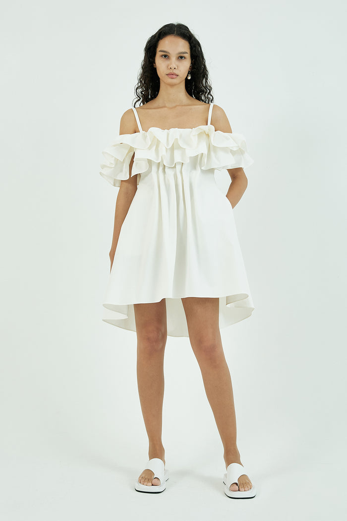 Goen.j Cold-shoulder Ruffle-bodice Pleated A-line Mini Dress IVORY