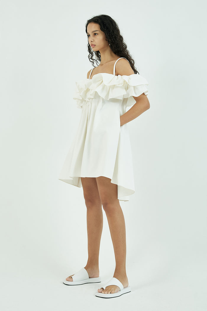 Goen.j Cold-shoulder Ruffle-bodice Pleated A-line Mini Dress IVORY