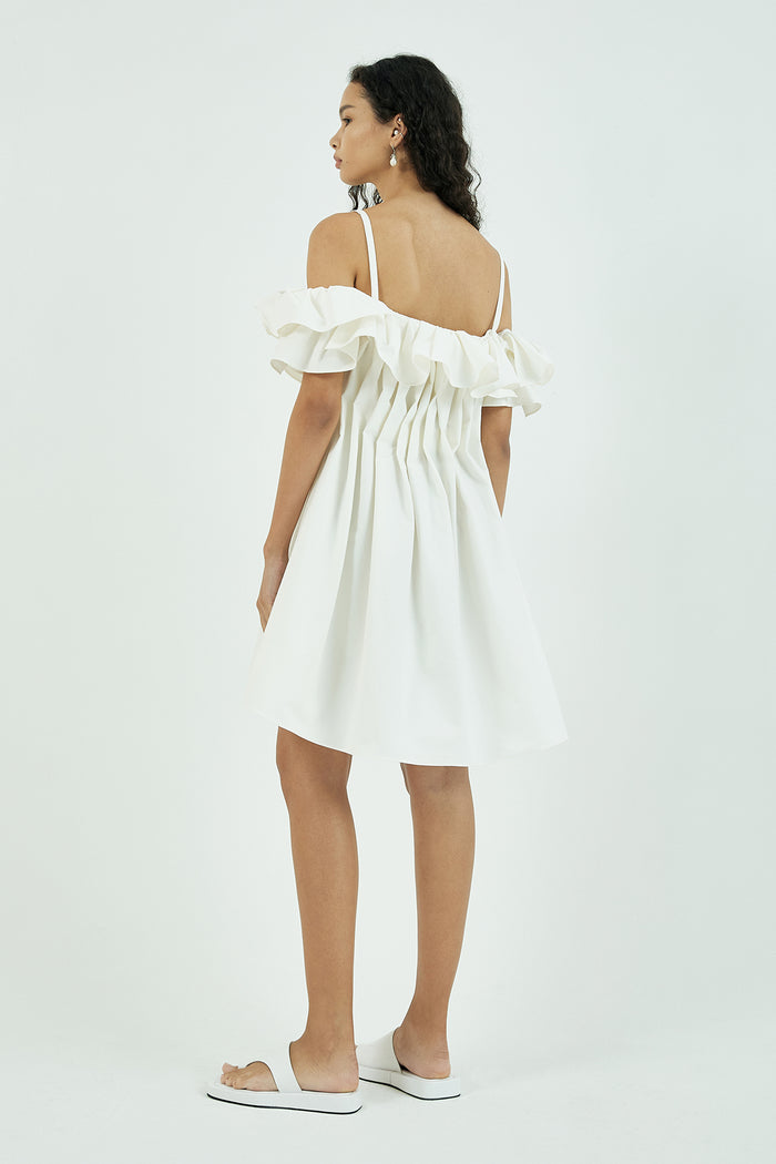 Goen.j Cold-shoulder Ruffle-bodice Pleated A-line Mini Dress IVORY