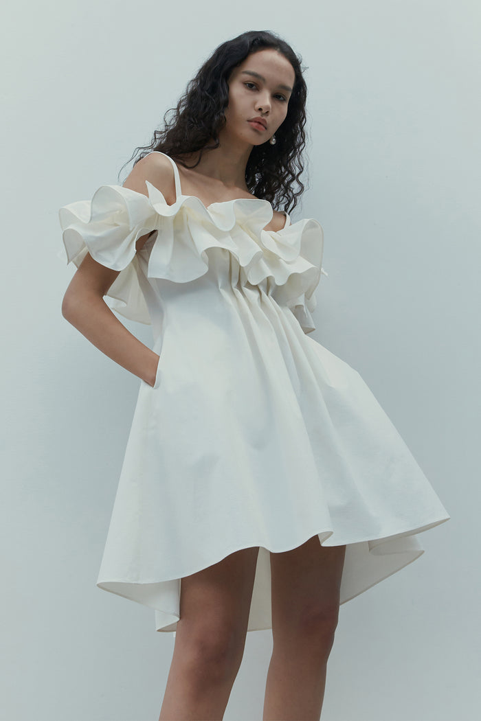 goen.j Cold-shoulder ruffle-bodice pleated A-line mini dress IVORY