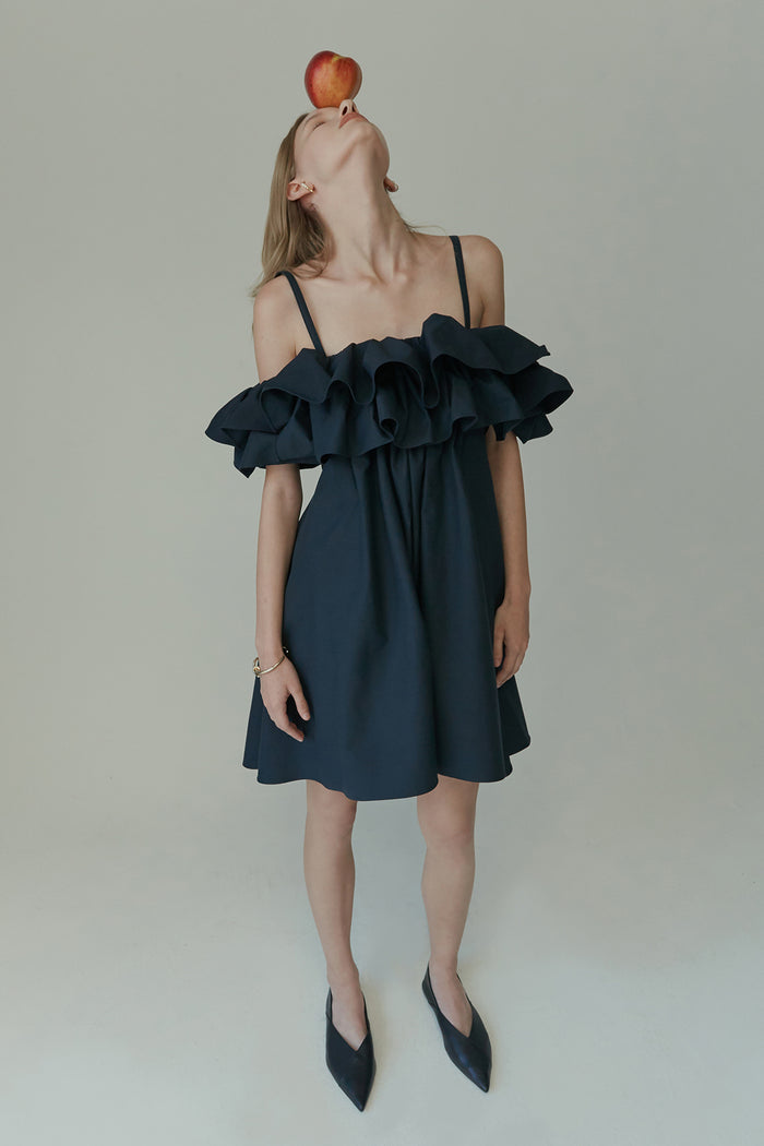 goen.j Cold-shoulder ruffle-bodice pleated A-line mini dress NAVY