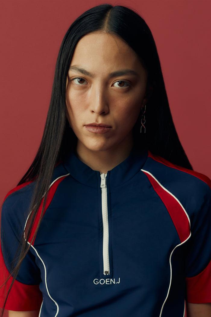 goen.j Color-blocked logo embroidered jersey track top RED