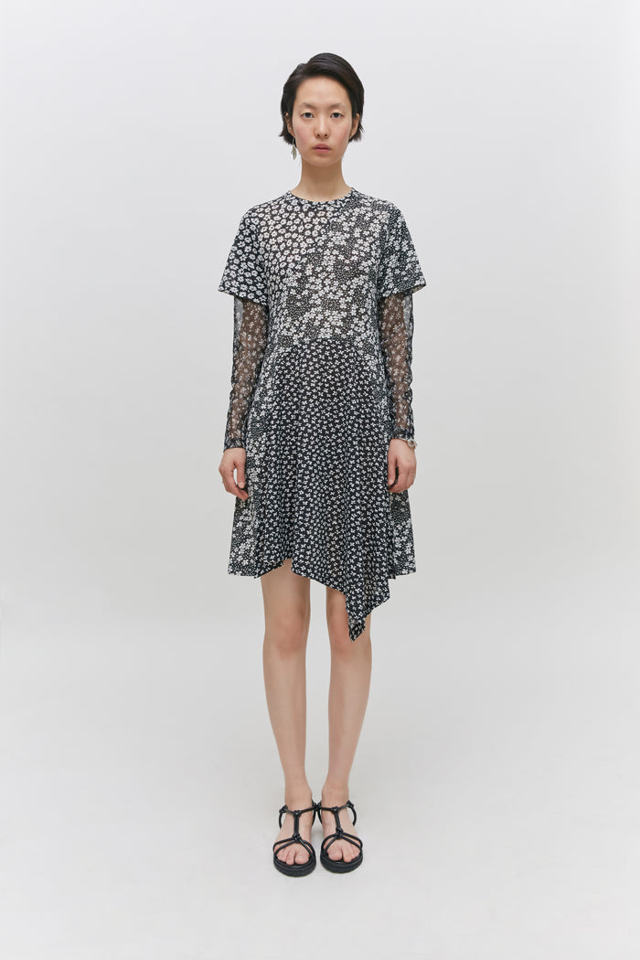 Goen.j Contrast Floral-print Panel Mesh Dress BLACK