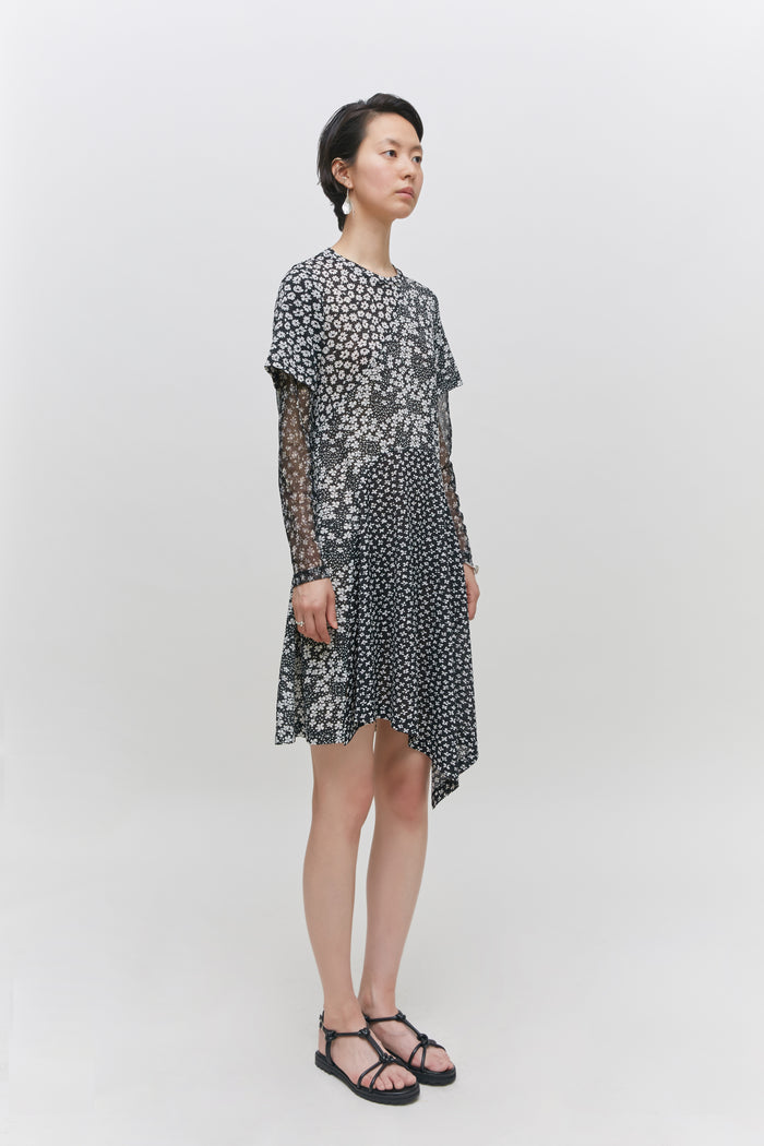Goen.j Contrast Floral-print Panel Mesh Dress BLACK