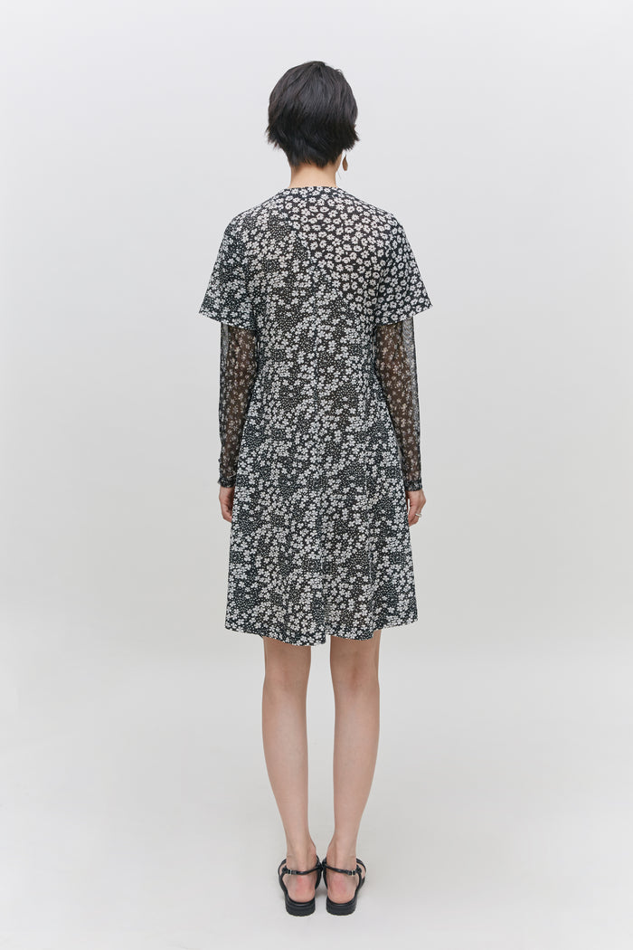 Goen.j Contrast Floral-print Panel Mesh Dress BLACK