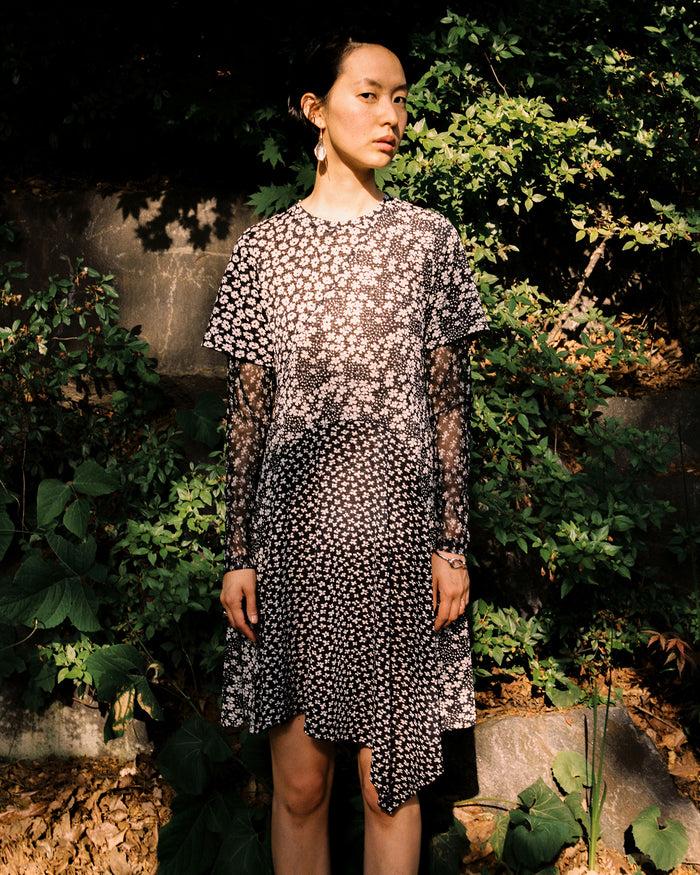 goen.j Contrast floral-print panel mesh dress BLACK