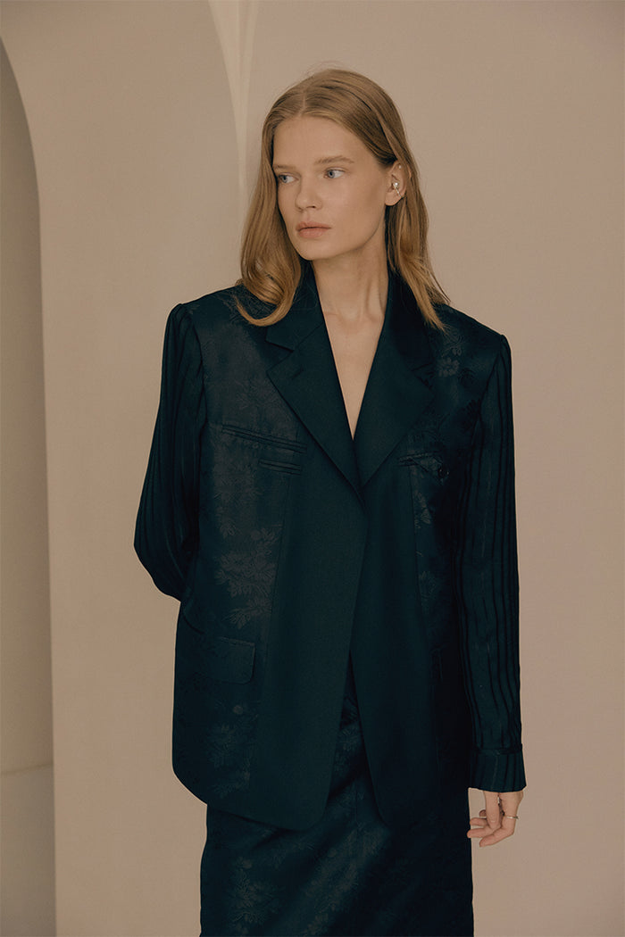 goen.j Contrast-panel cloqué single-breasted silk jacquard blazer BLACK