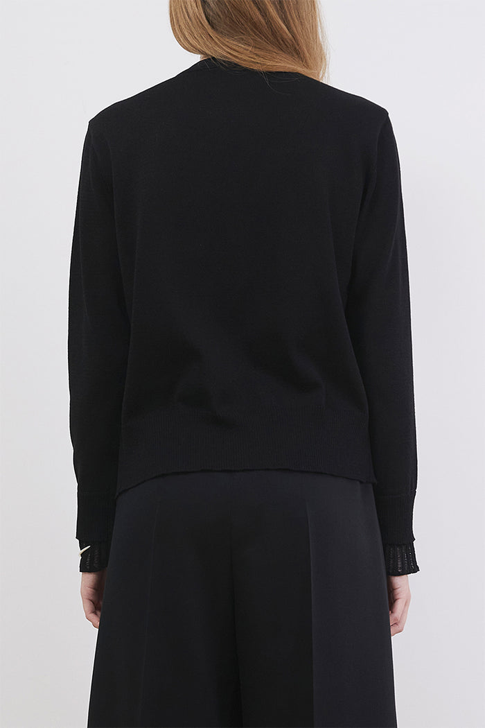 Goen.j Corded Lace Paneled V-neck Knit Cardigan BLACK