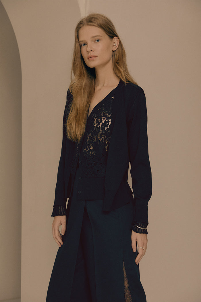 goen.j Corded lace paneled V-neck knit cardigan BLACK