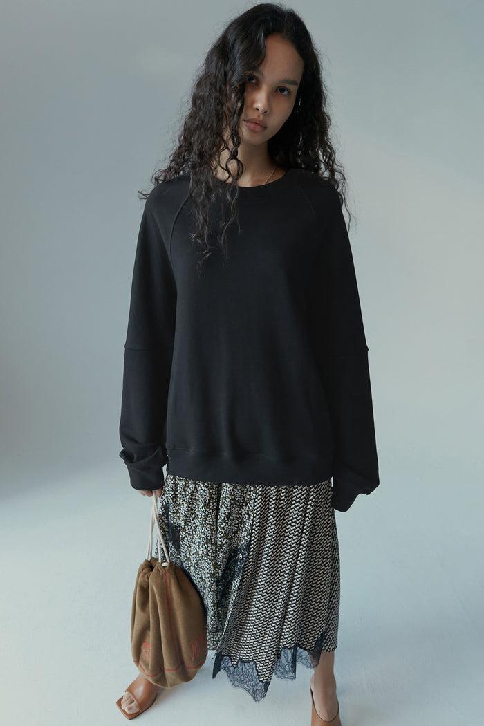 goen.j Cotton-jersey sweatshirt overlay lace-trimmed paneled dress BLACK