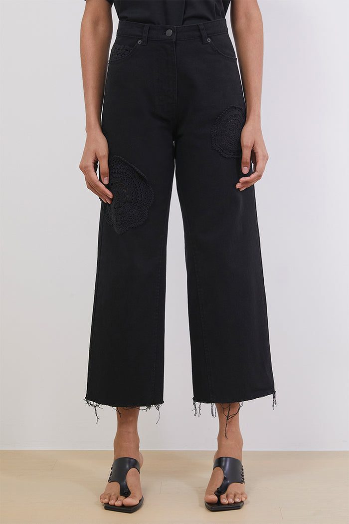 Goen.j Crochet Trimmed High-rise Cotton Wide-leg Jeans BLACK
