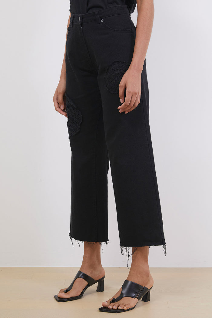 Goen.j Crochet Trimmed High-rise Cotton Wide-leg Jeans BLACK