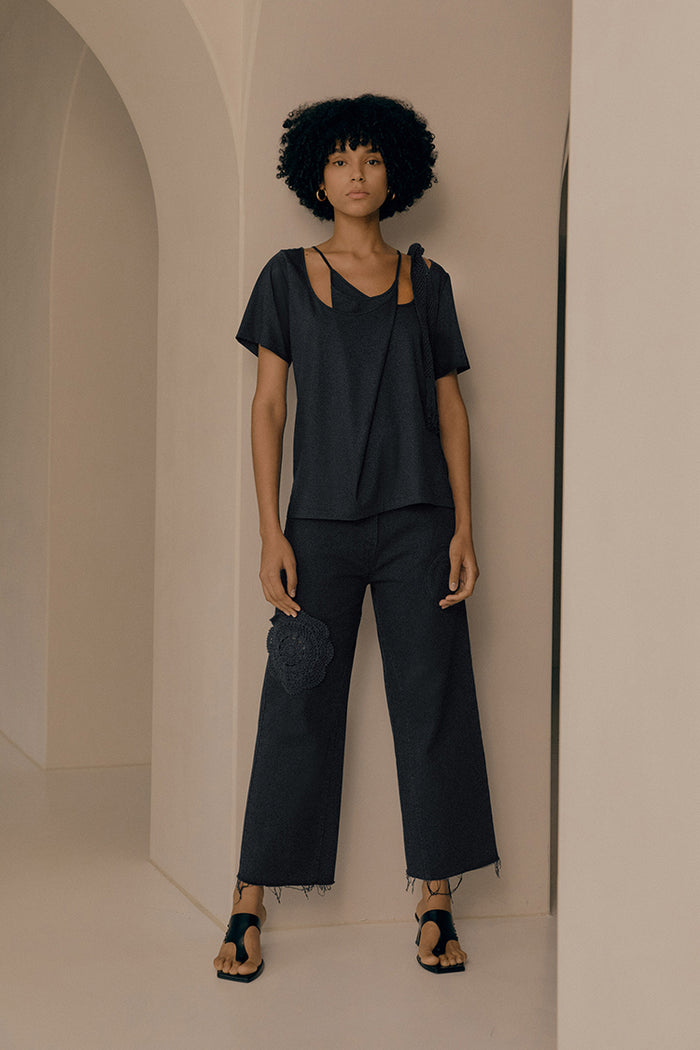 goen.j Crochet trimmed high-rise cotton wide-leg jeans BLACK