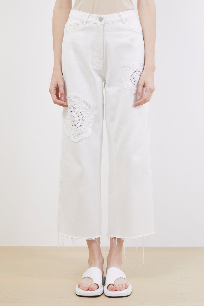 Goen.j Crochet Trimmed High-rise Cotton Wide-leg Jeans IVORY