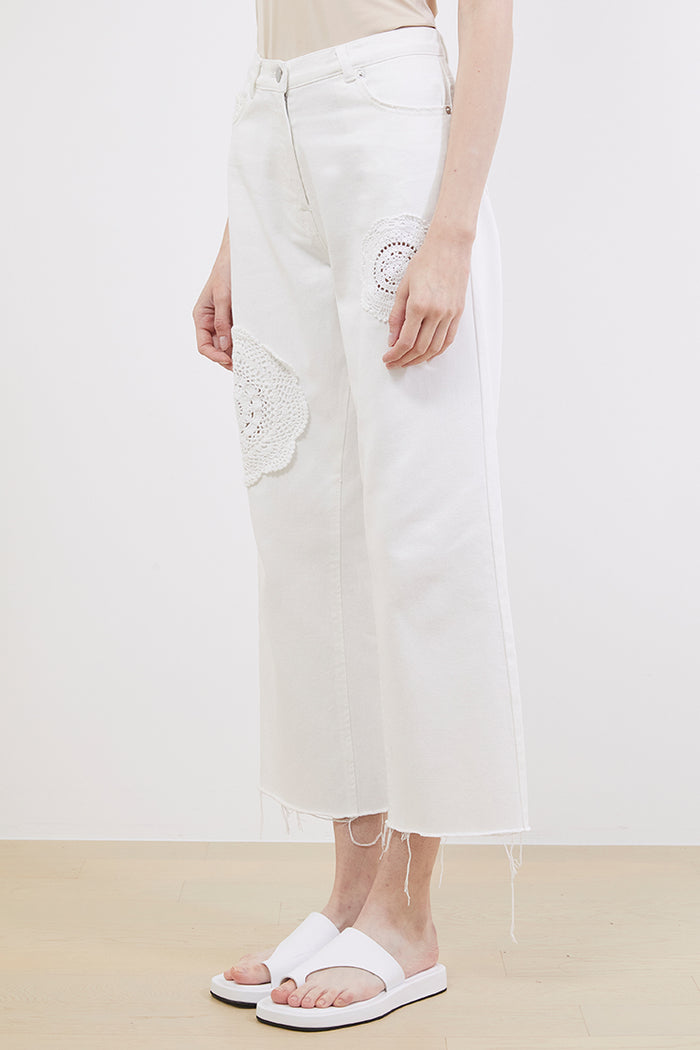 Goen.j Crochet Trimmed High-rise Cotton Wide-leg Jeans IVORY