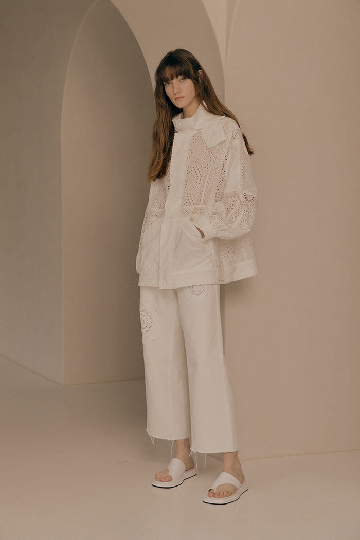 goen.j Crochet trimmed high-rise cotton wide-leg jeans IVORY