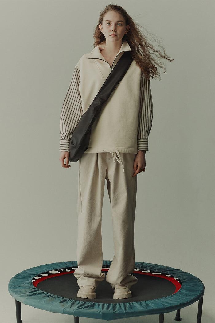 goen.j Denim and cotton-jersey double garment effect straight-leg pants NATURAL BEIGE