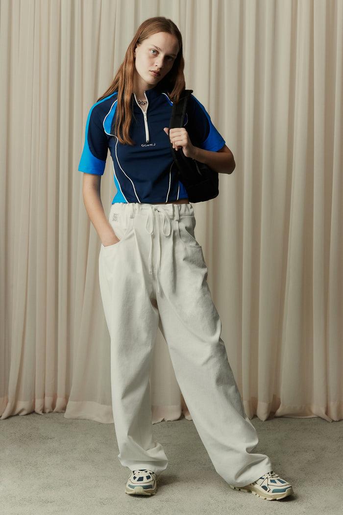 Goen.j Denim And Cotton-jersey Double Garment Effect Wide-leg Pants WHITE