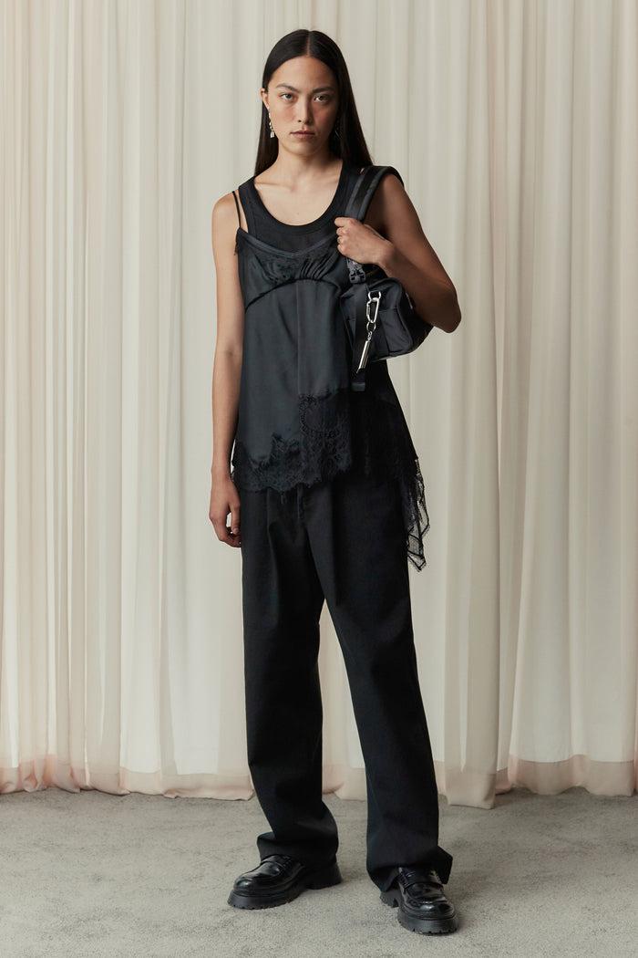 goen.j Denim and cotton-jersey double garment effect wide-leg pants BLACK