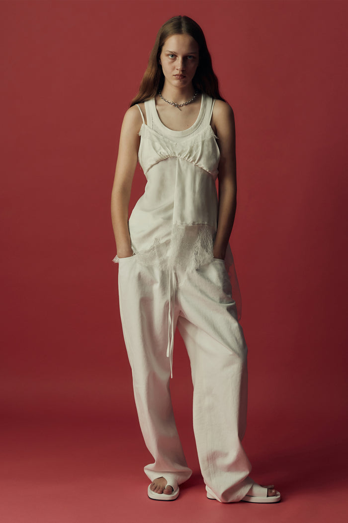 goen.j Denim and cotton-jersey double garment effect wide-leg pants WHITE