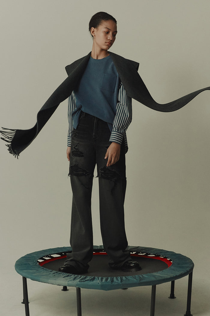 Goen.j Denim Shorts And Cotton-jersey Layered Straight-leg Pants CHARCOAL