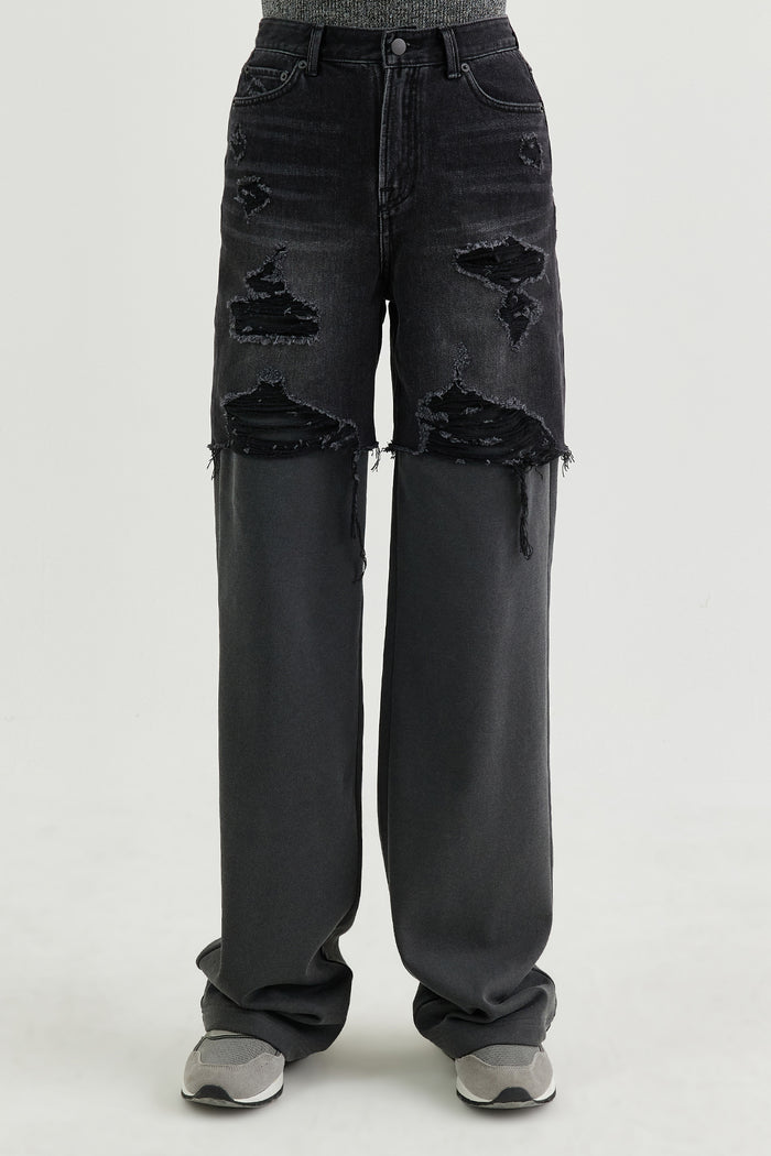Goen.j Denim Shorts And Cotton-jersey Layered Straight-leg Pants CHARCOAL