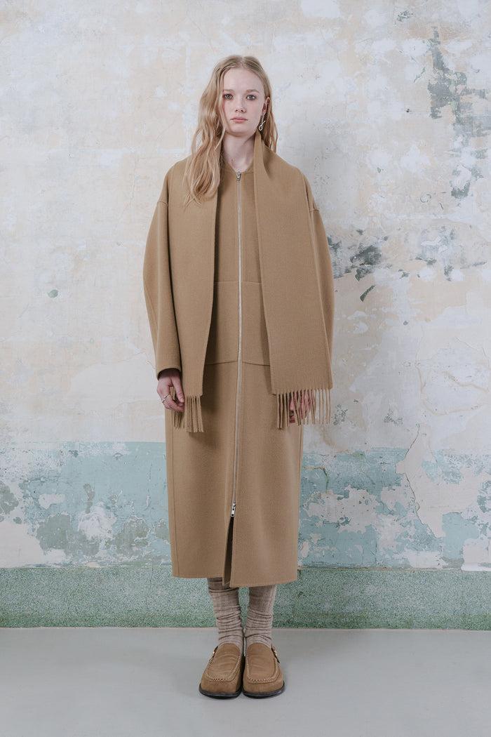 Goen.j Detachable Muffler Double-faced Wool Two-way Zip-up Coat BEIGE