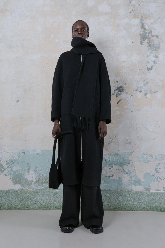 Goen.j Detachable Muffler Double-faced Wool Two-way Zip-up Coat BLACK