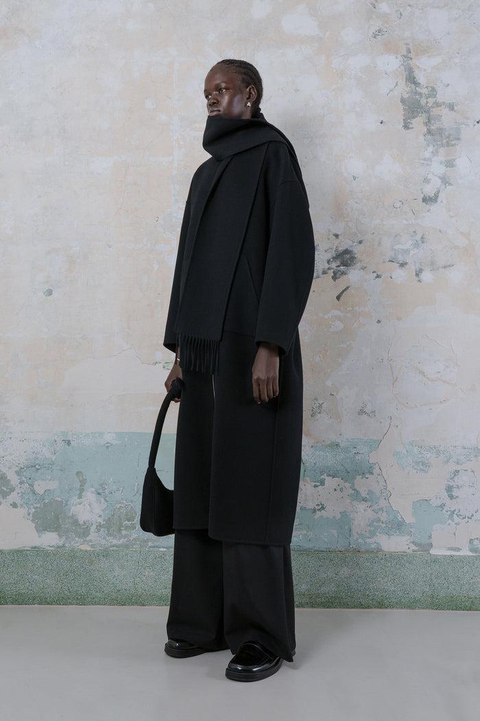 Goen.j Detachable Muffler Double-faced Wool Two-way Zip-up Coat BLACK