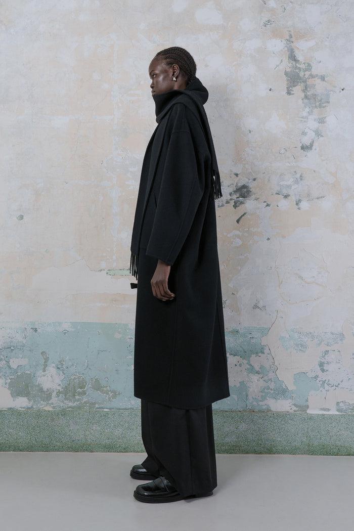 Goen.j Detachable Muffler Double-faced Wool Two-way Zip-up Coat BLACK