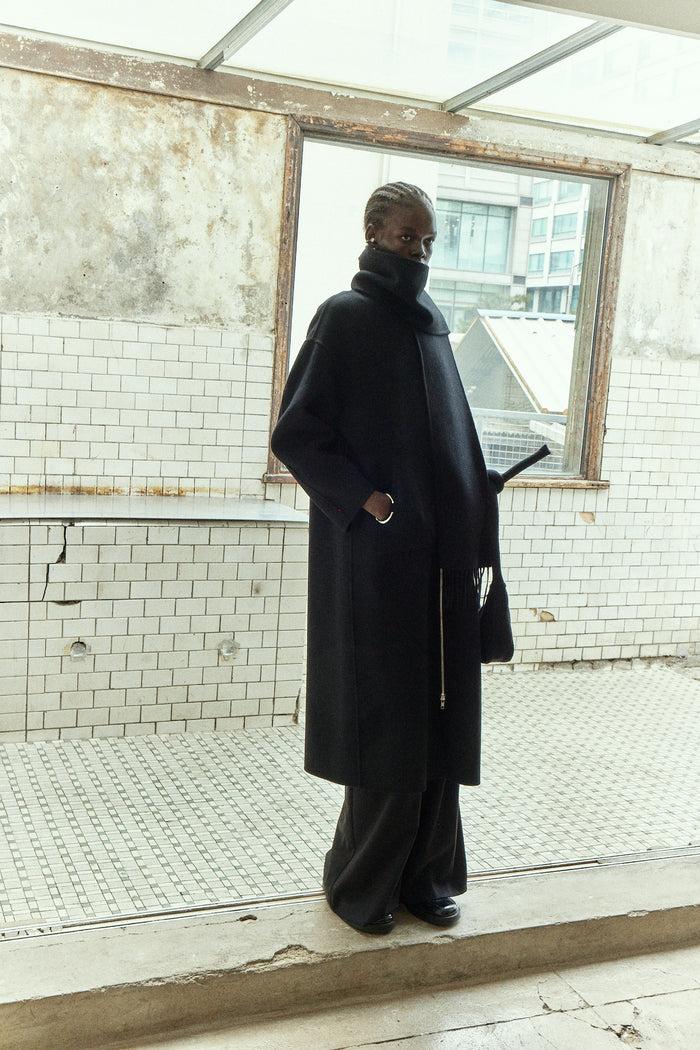 goen.j Detachable muffler double-faced wool two-way zip-up coat BLACK