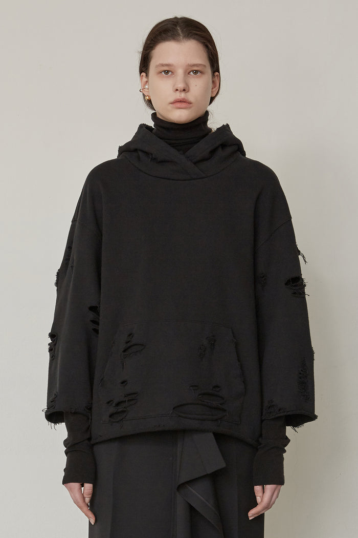 Goen.j Distressed Hoodie And Wool-blend Turtleneck Layered Top BLACK