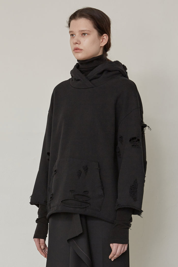 Goen.j Distressed Hoodie And Wool-blend Turtleneck Layered Top BLACK