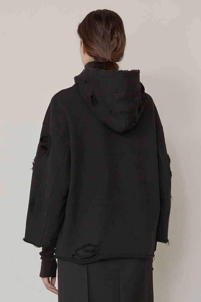 Goen.j Distressed Hoodie And Wool-blend Turtleneck Layered Top BLACK