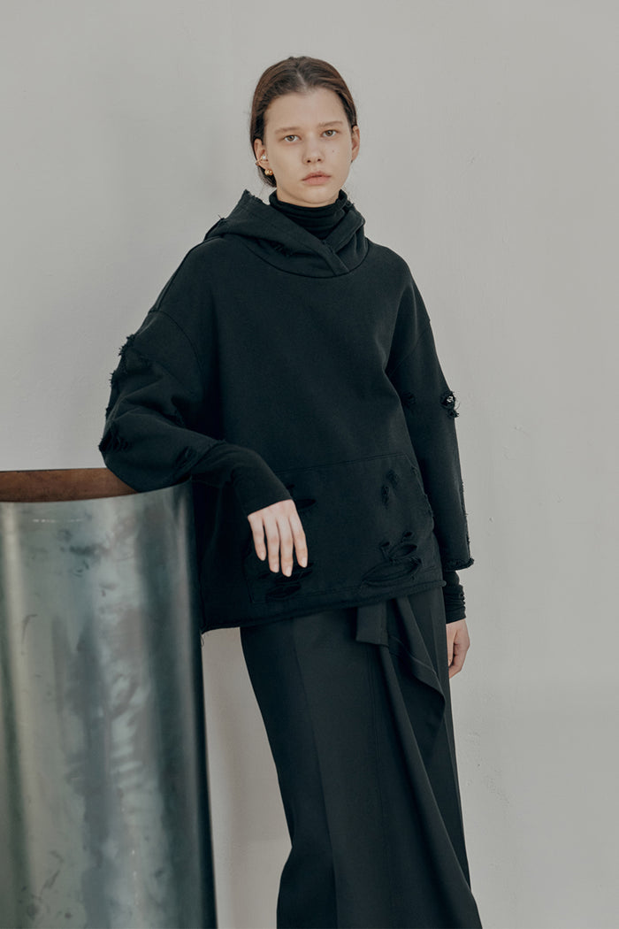 goen.j Distressed hoodie and wool-blend turtleneck layered top BLACK