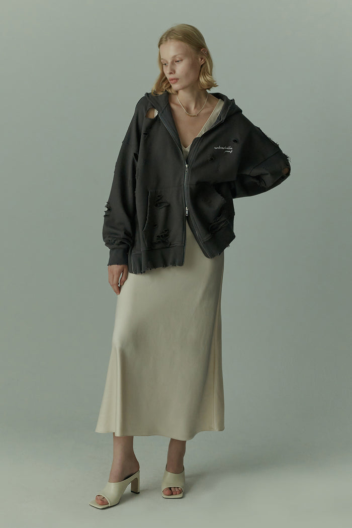 Goen.j Distressed Logo-embroidered Zip-up Hoodie CHARCOAL