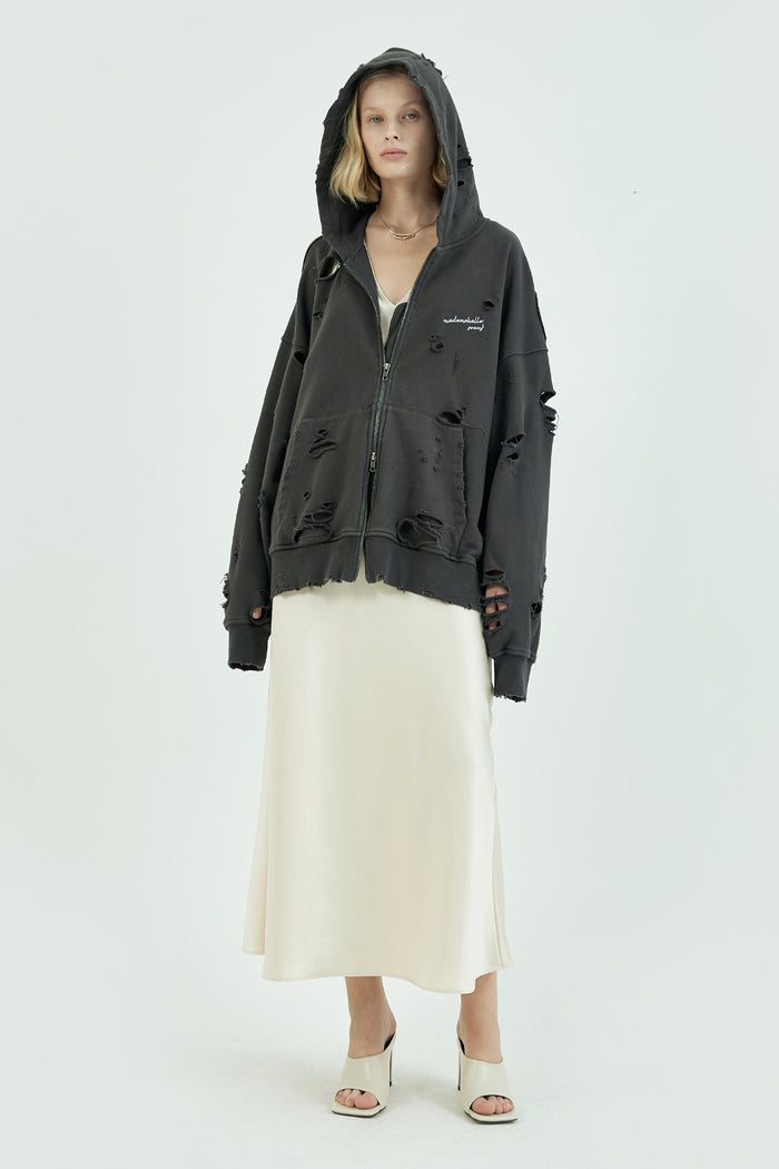 Goen.j Distressed Logo-embroidered Zip-up Hoodie CHARCOAL