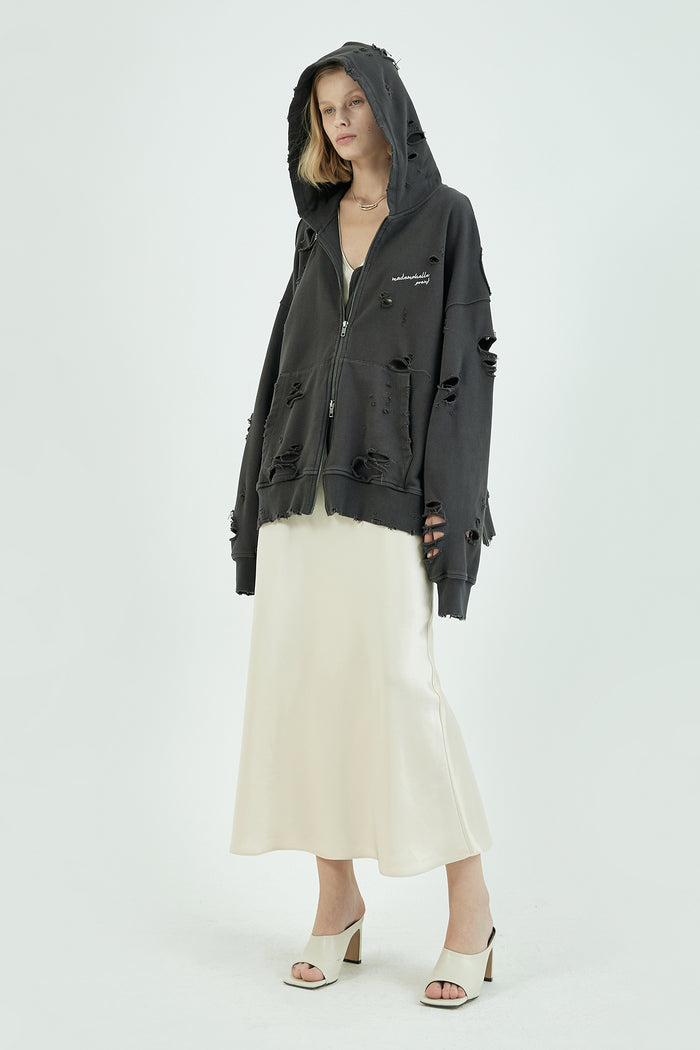 Goen.j Distressed Logo-embroidered Zip-up Hoodie CHARCOAL