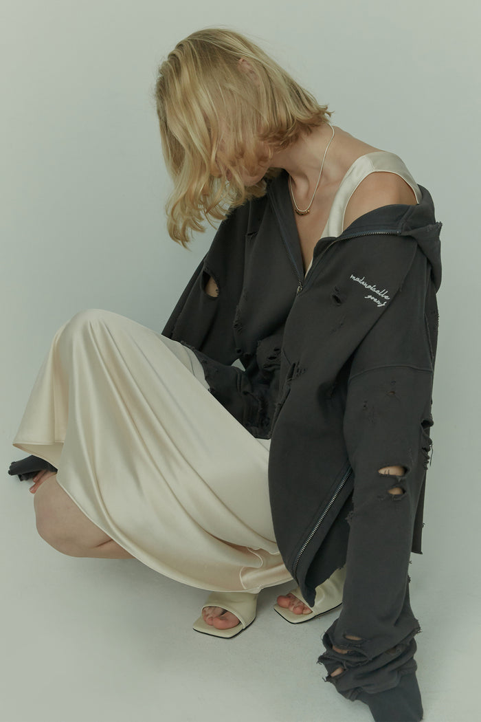 goen.j Distressed logo-embroidered zip-up hoodie CHARCOAL