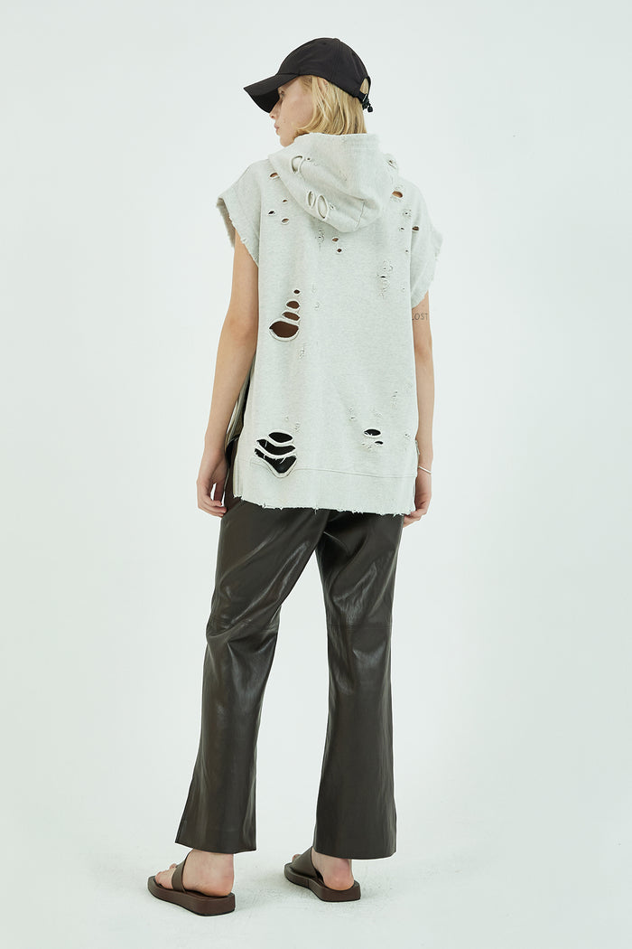 Goen.j Distressed Sleeveless Hooded Cotton-jersey Sweatshirt OATMEAL