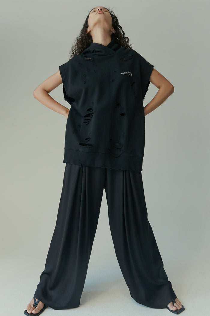 goen.j Distressed sleeveless hooded cotton-jersey sweatshirt BLACK