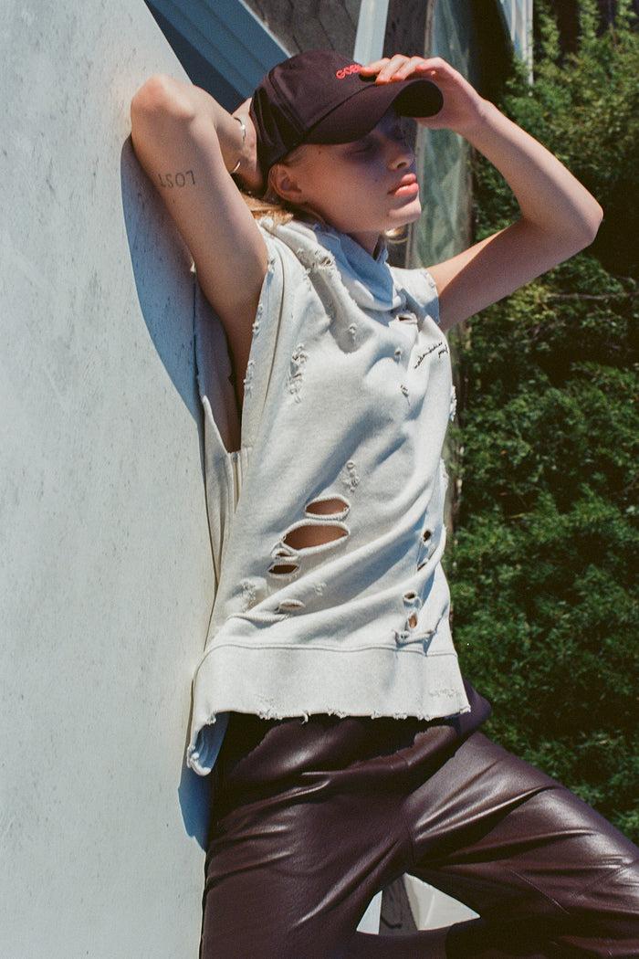 goen.j Distressed sleeveless hooded cotton-jersey sweatshirt OATMEAL