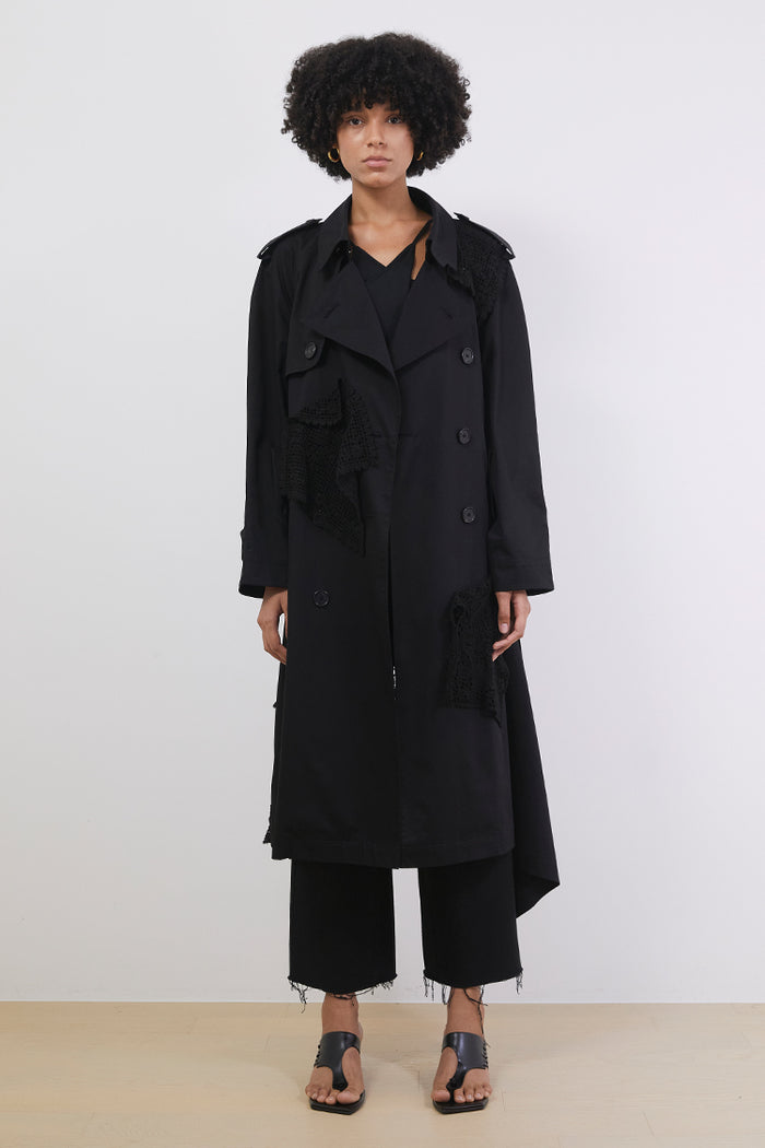 Goen.j Double-breasted Lace-paneled Supima Cotton Trench Coat BLACK