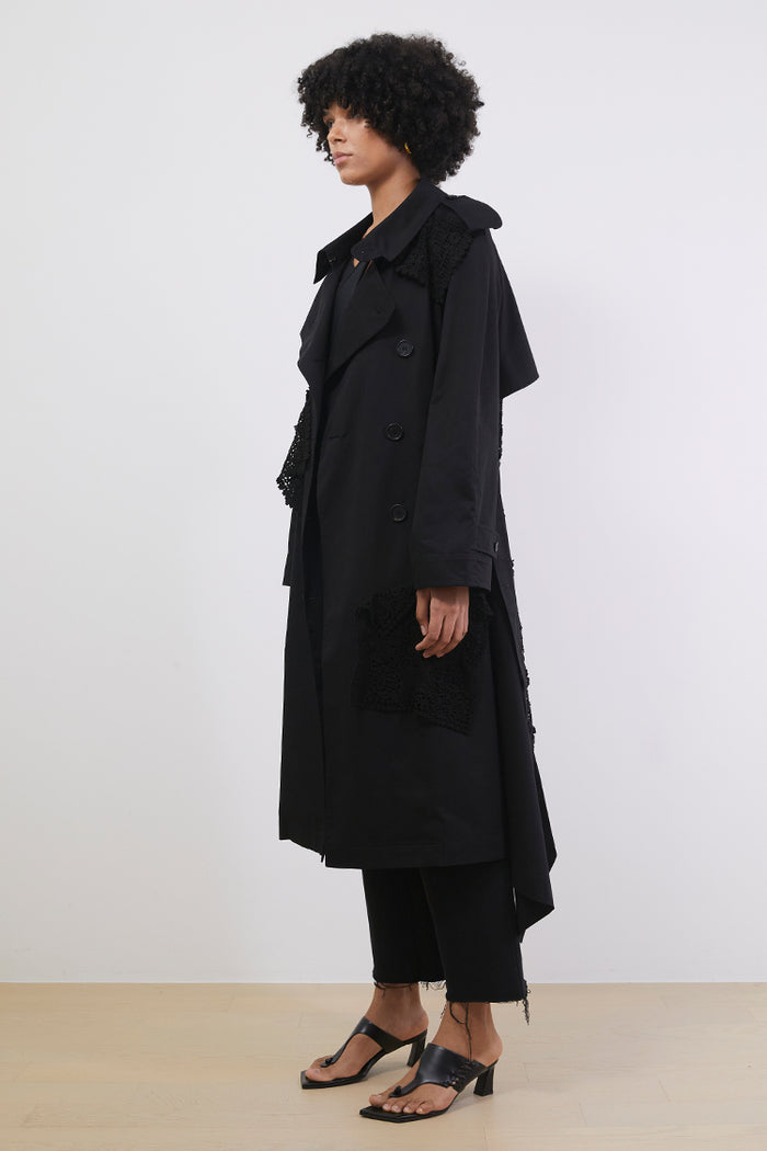 Goen.j Double-breasted Lace-paneled Supima Cotton Trench Coat BLACK