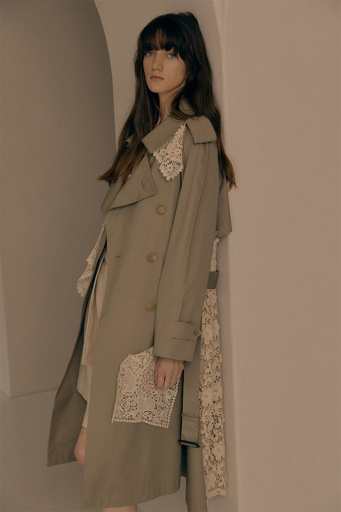goen.j Double-breasted lace-paneled Supima cotton trench coat TAUPE