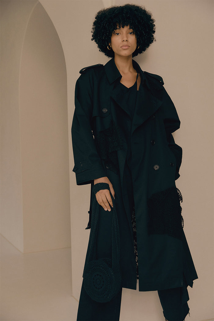 goen.j Double-breasted lace-paneled Supima cotton trench coat BLACK