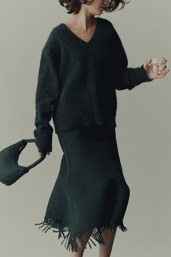 Goen.j Double-faced Wool Blend Flared Midi Skirt CHARCOAL